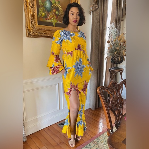 Handmade African Print Ankara Yellow Ruffle Sleeve Cinched Waist Maxi Dress - Picture 4 of 6